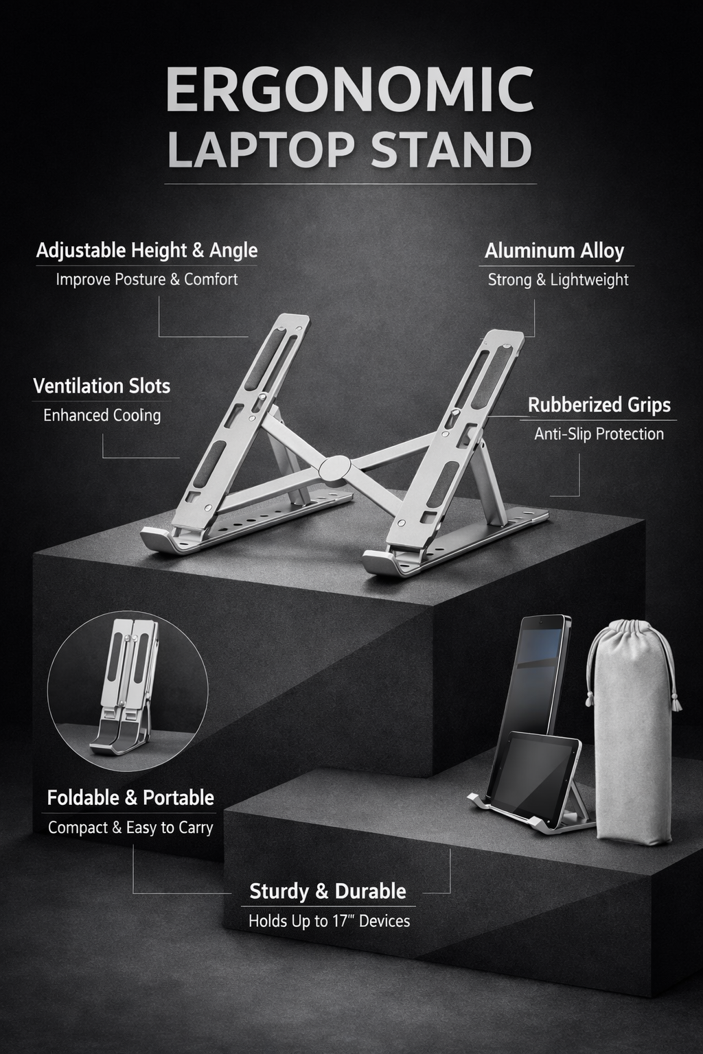 Ergonomic Aluminum Laptop Stand – Foldable & Portable