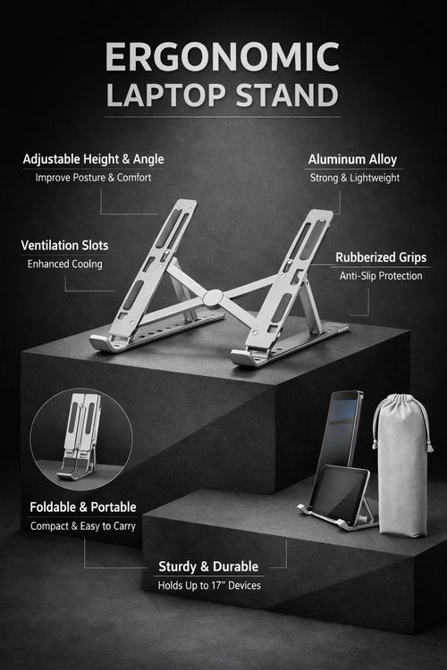 Ergonomic Aluminum Laptop Stand – Foldable & Portable